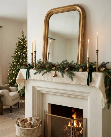 Organic cedar fireplace garland with burgundy velvet ribbons and brass candlesticksChristmas tree styled with terracotta clay ornaments and warm amber micro lightsAsymmetrical eucalyptus and pine wreath hanging on a dark wood entry doorOatmeal linen table runner set with dried orange slices and beeswax tapersSuspended spruce tree branch with glass teardrop ornaments above a dining tableCream wool throw blanket draped around a jute basket tree base vignette