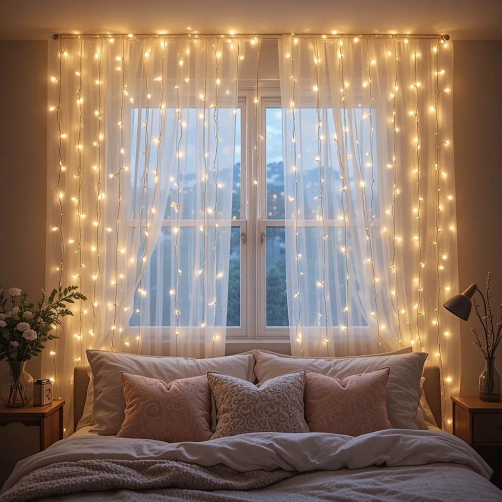 Fairy Light Curtain Bedroom Window