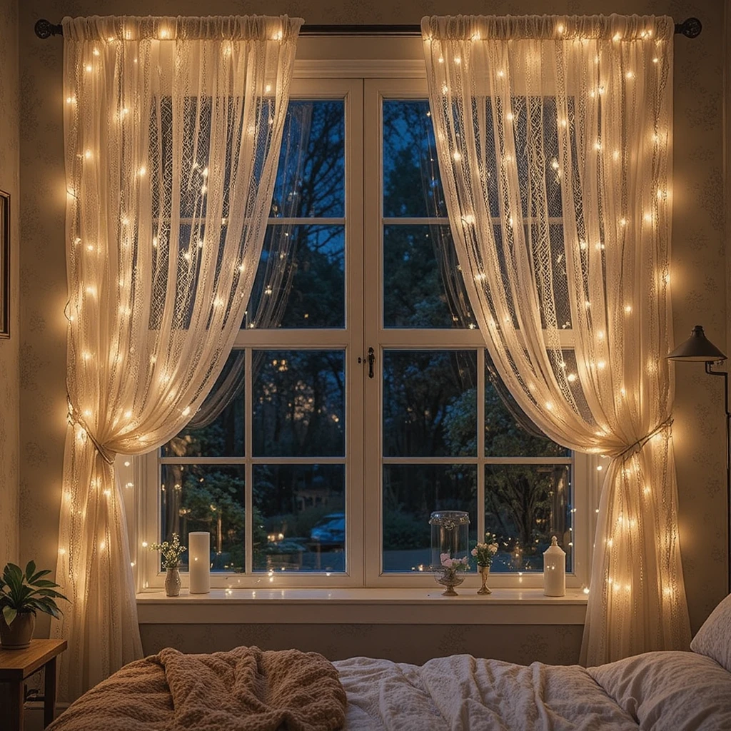 Fairy Light Curtain Bedroom Window