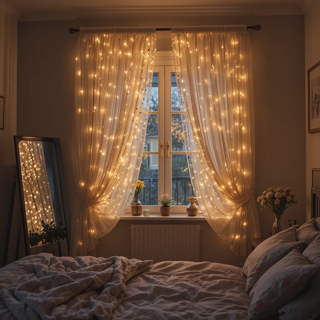 Fairy Light Curtain Bedroom Window