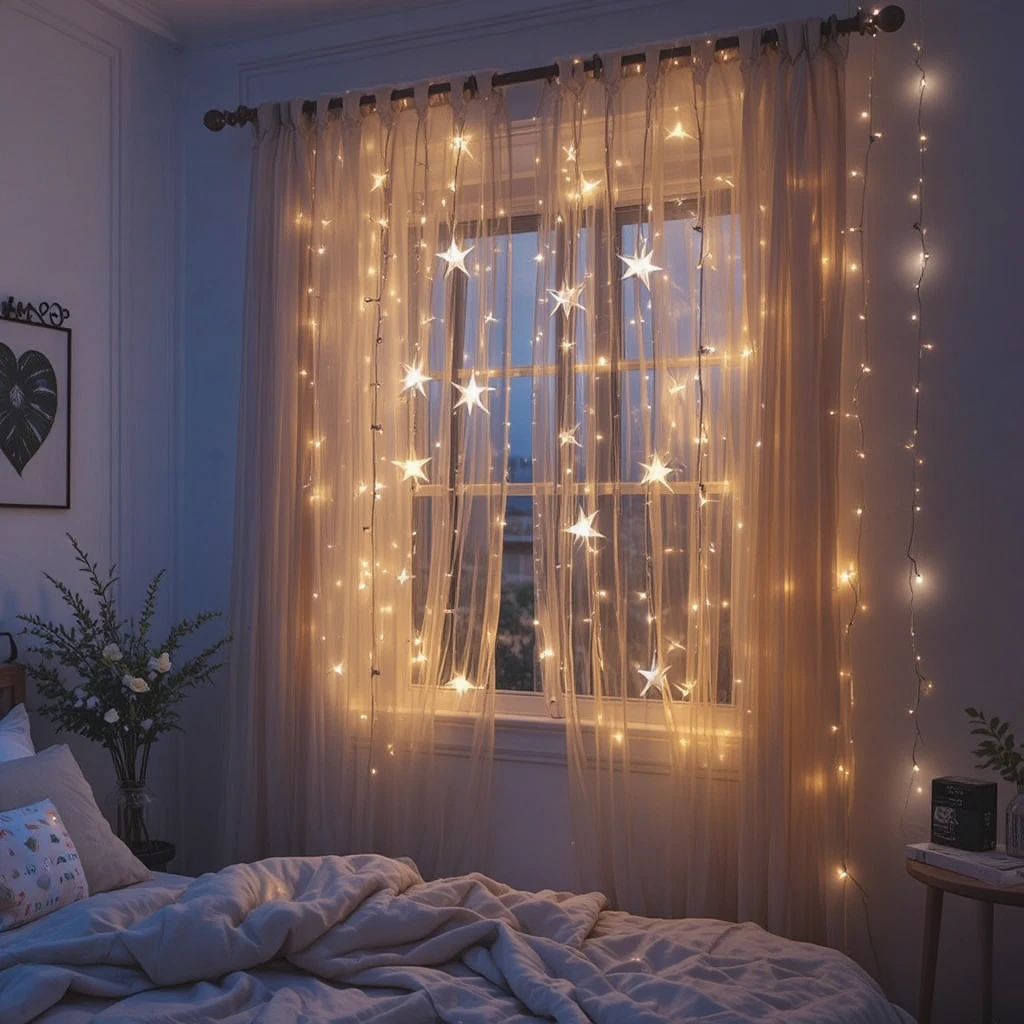 Fairy Light Curtain Bedroom Window