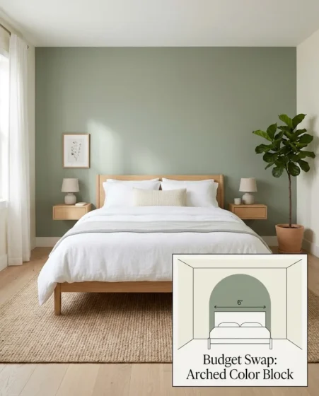 Muted sage green accent wall behind a low-profile white oak queen bed with crisp linen bedding.