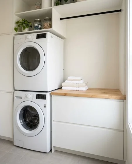 Stacked washer dryer unit beside light oak floating shelves and amber glass detergent jars