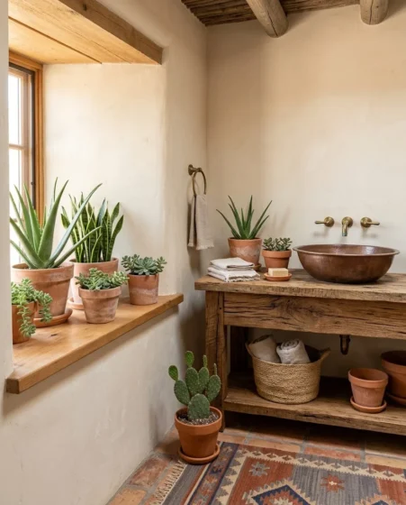Hand-shaped terracotta Saltillo floor tiles paired with a dark mesquite wood vanity in a Southwestern style bathroom. Smooth clay-colored Tadelakt plaster shower wall featuring a built-in recessed arched niche with rolled towels. Hand-hammered copper vessel sink mounted on an unpolished sandstone countertop with an unlacquered brass faucet. Vibrant blue and yellow hand-painted Talavera ceramic tiles framing an arch-topped vanity mirror. Large double-slipper copper soaking tub positioned against a light sand lime-plastered wall under warm sconce lighting. Hand-woven wool runner rug displaying geometric diamond patterns laid across an unpolished stone bathroom floor.