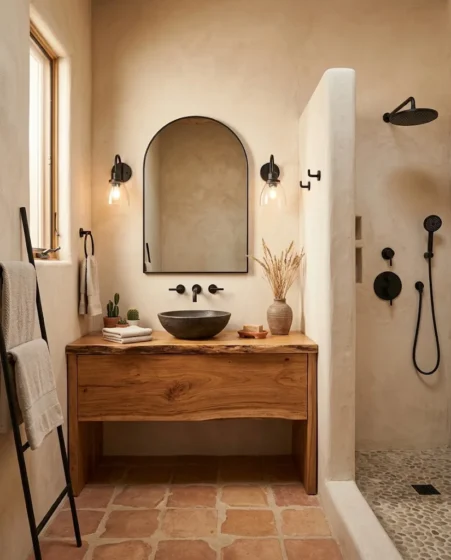 Hand-shaped terracotta Saltillo floor tiles paired with a dark mesquite wood vanity in a Southwestern style bathroom. Smooth clay-colored Tadelakt plaster shower wall featuring a built-in recessed arched niche with rolled towels. Hand-hammered copper vessel sink mounted on an unpolished sandstone countertop with an unlacquered brass faucet. Vibrant blue and yellow hand-painted Talavera ceramic tiles framing an arch-topped vanity mirror. Large double-slipper copper soaking tub positioned against a light sand lime-plastered wall under warm sconce lighting. Hand-woven wool runner rug displaying geometric diamond patterns laid across an unpolished stone bathroom floor.