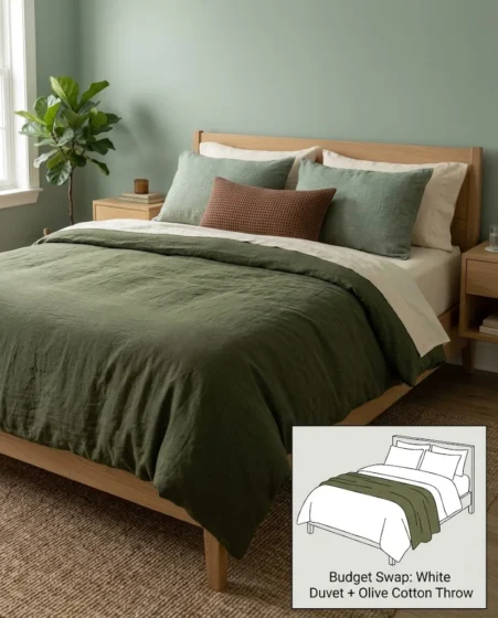 Layered olive green and warm cream Belgian flax linen duvet set on a modern bed frame.