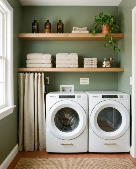 Small utility closet featuring sage green walls terracotta floor tile and matte black hardware