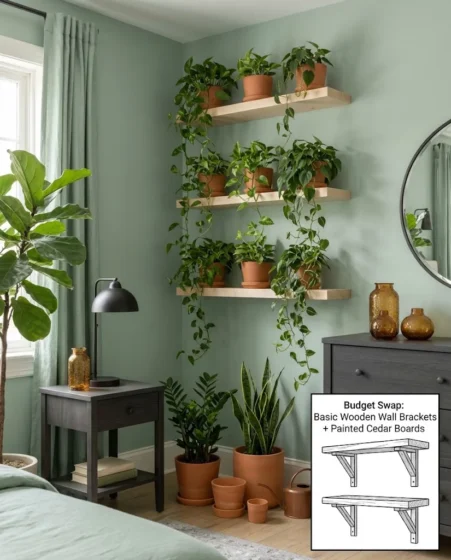 Vertical white birch floating shelves filled with trailing potted pothos plants in terracotta pots.