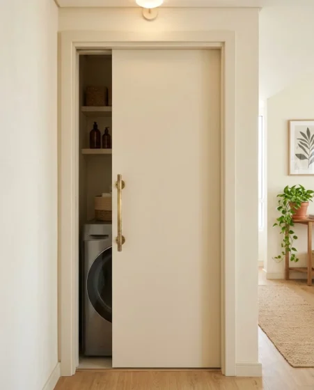 Natural Belgian linen cabinet curtain concealing lower laundry storage in a bright apartment nook