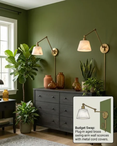 Aged brushed brass swing-arm wall sconces mounted on a dark olive green bedroom wall.
