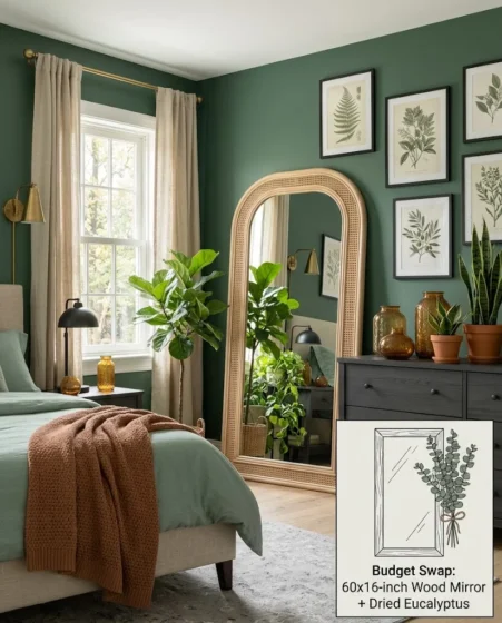 Arched floor mirror with a light rattan frame reflecting green houseplants and window light.