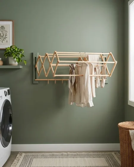 Built-in ironing board cabinet swiveled open inside a neutral beige utility room nook