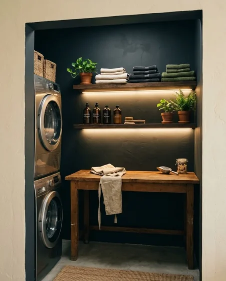 Overhead oak shelf displaying woven rattan storage hampers and trailing potted pothos plant